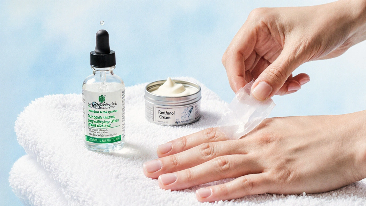 Aplikace antiseptické kapky a krému na ošetřený záděr u ruky, obklopené sterilní náplastí.