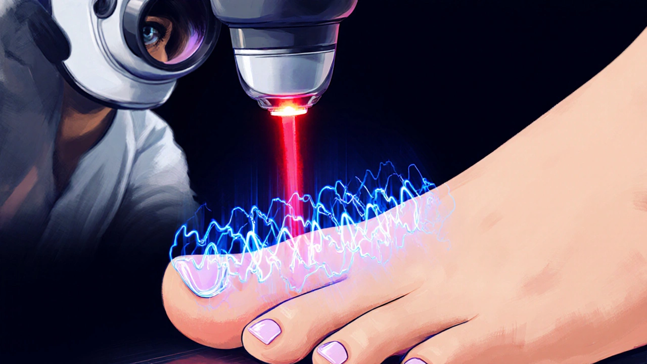 Detaily nohy pod ultrazvukovým sondou a červeným laserovým paprskem v ilustraci.