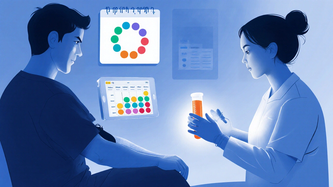 Ilustrace kliniky s odběrem krve, laboratoří a kalendářem označujícím 8‑12 týdenní sledování.