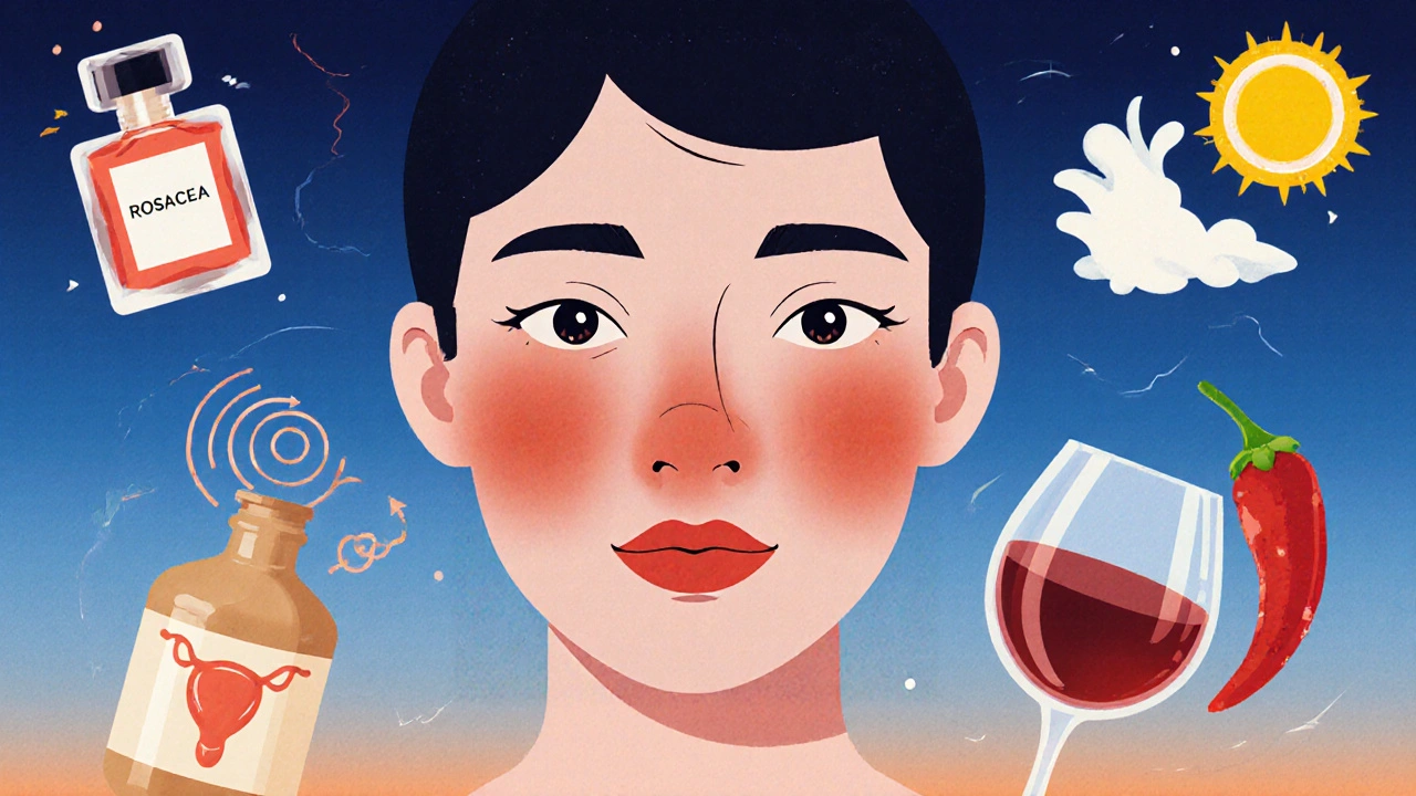 Koláž ukazuje pět hlavních spouštěčů zarudnutí obličeje: rosacea, alergie, slunce, hormony, alkohol a koření.