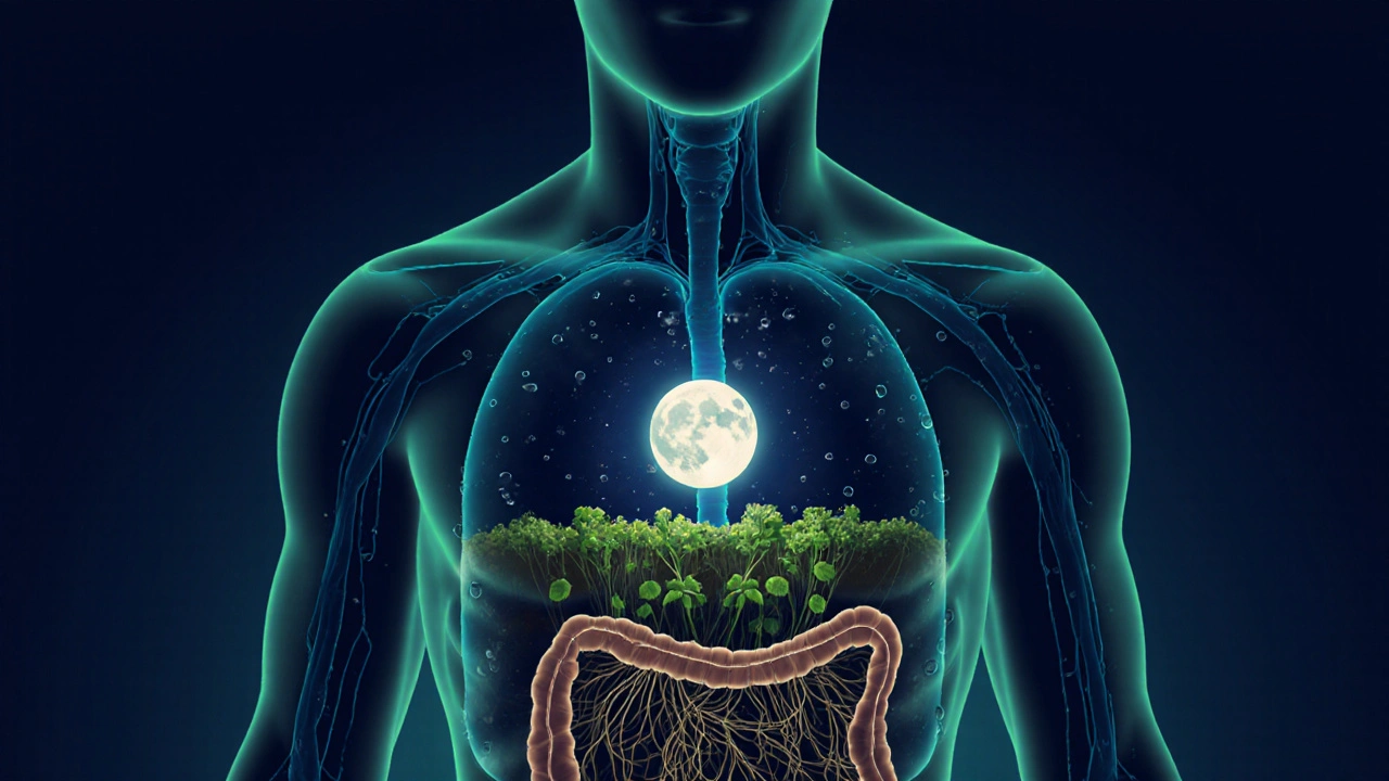 Koncepční obraz lidské siluety plné přírodních prvků – vody, kořenů a měsíce – symbolizujících hormonální rovnováhu.