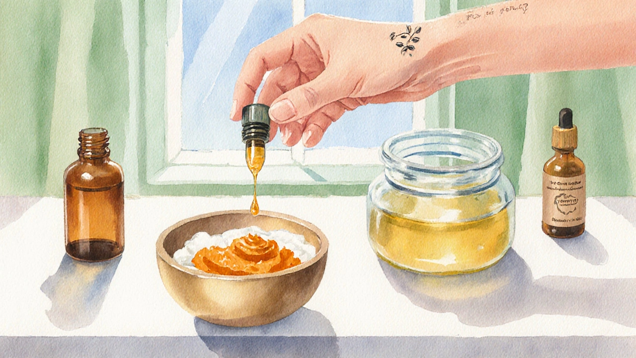 Kuchyňský pult s přírodními přípravky: tea tree oil, kurkumová pasta, černý kmín, saw palmetto.