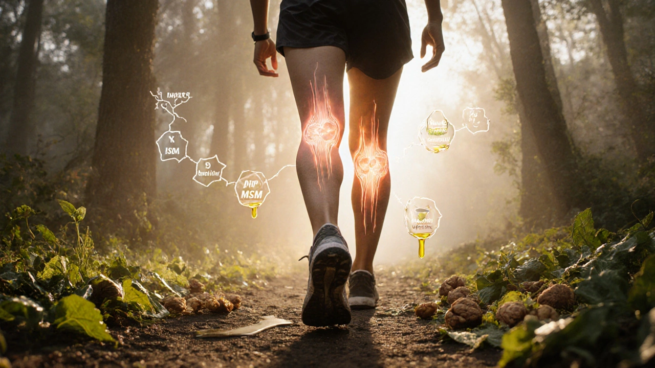 Osoba prochází lesem, kolem ní se objevují molekuly glukosaminu a chondroitinu, symbolizující podporu kloubů.