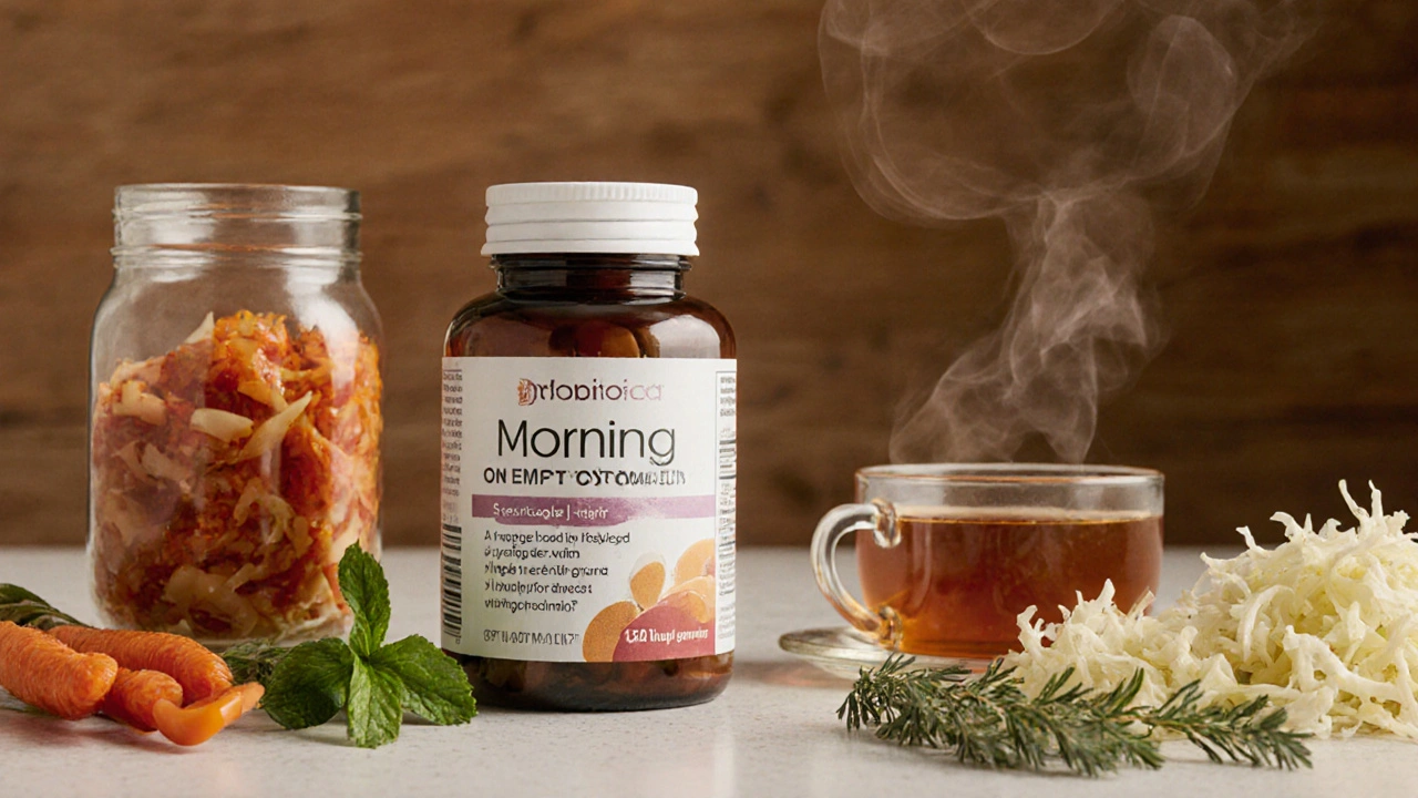 Probiotika v kapslích a fermentované potraviny na kuchyňském stole.