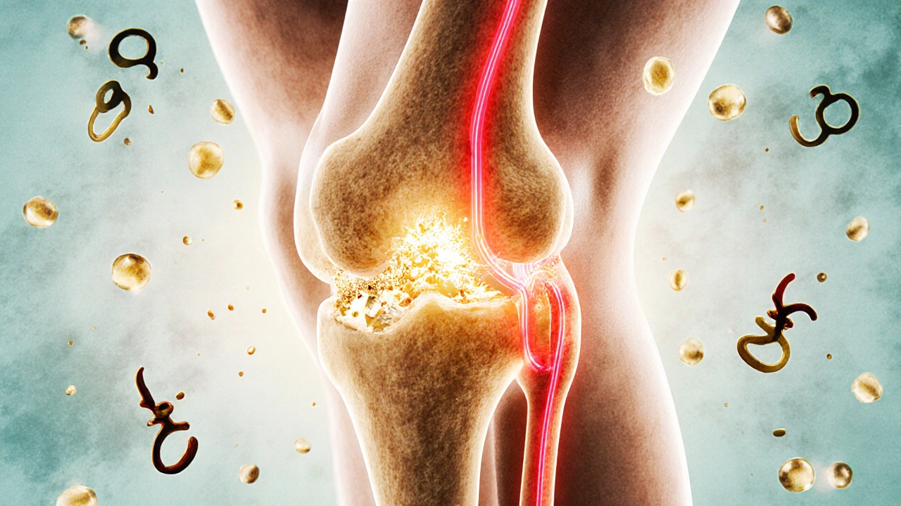 Průřez kolenního kloubu s vitamíny D a K2 směrujícími vápník do kosti, chrupavka je chráněná.