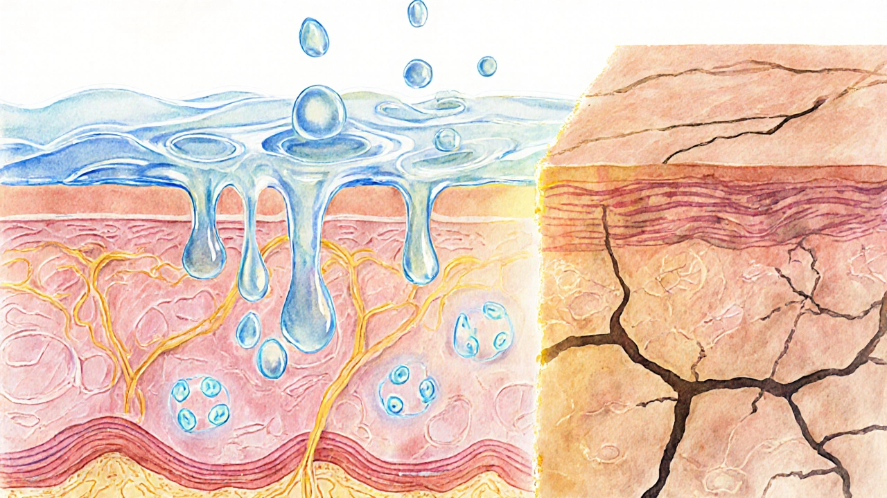 Průřez kůže ukazující hydrataci buněk a lipidovou bariéru.
