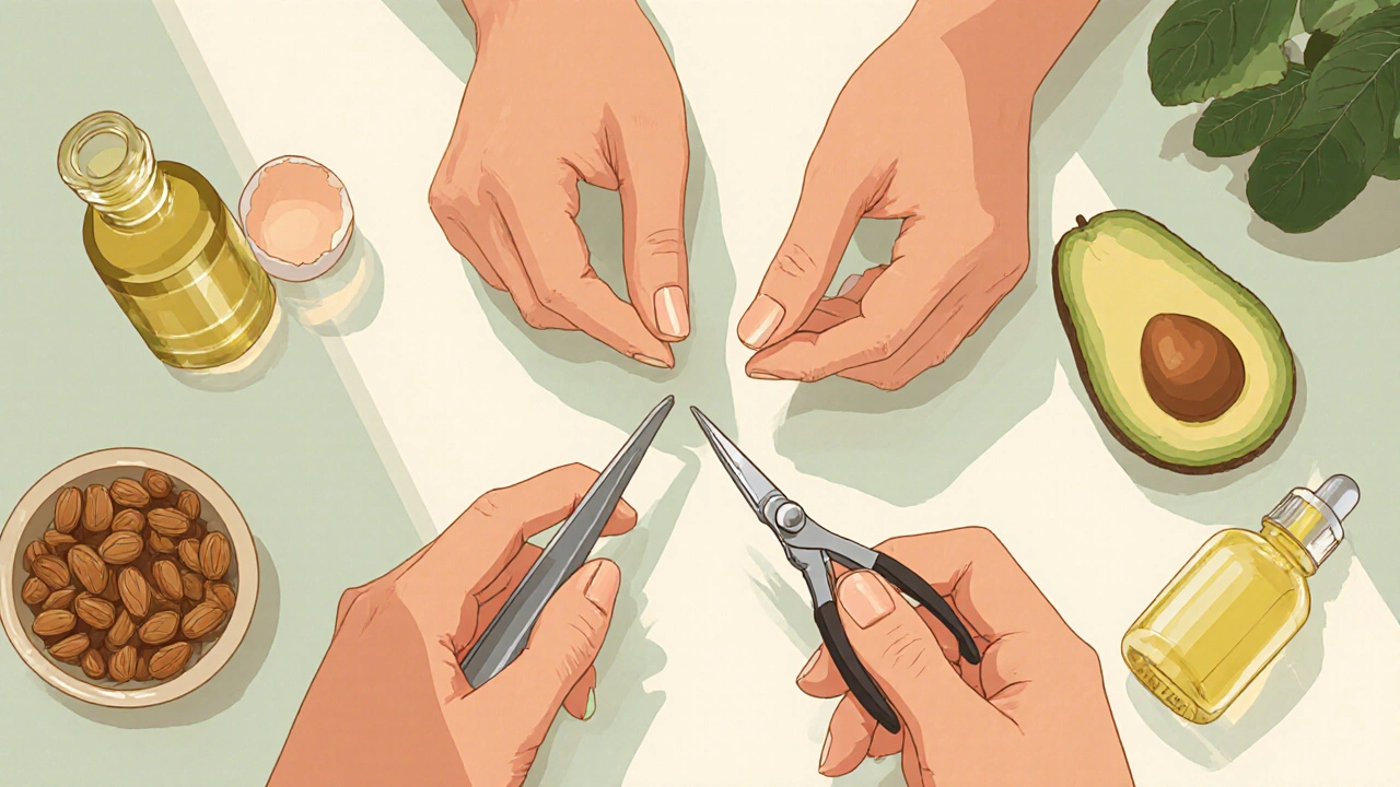 Rukavice a nástroje při správné manikúře, doplněné o jojobový olej a biotinové potraviny.