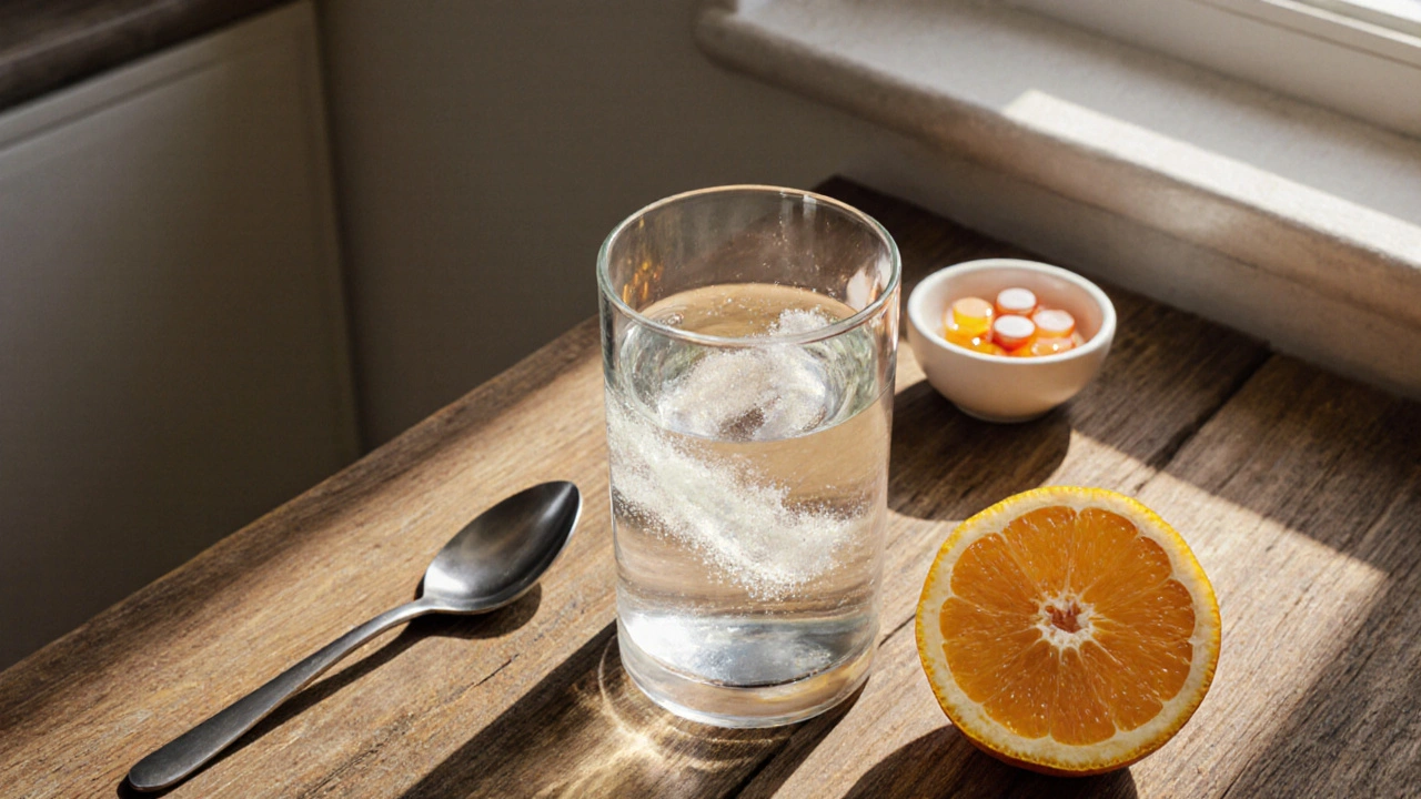Sklenice vody s rozpouštějícím se hydrolyzovaným kolagenem, citron a vitamín C na dřevěném stole.