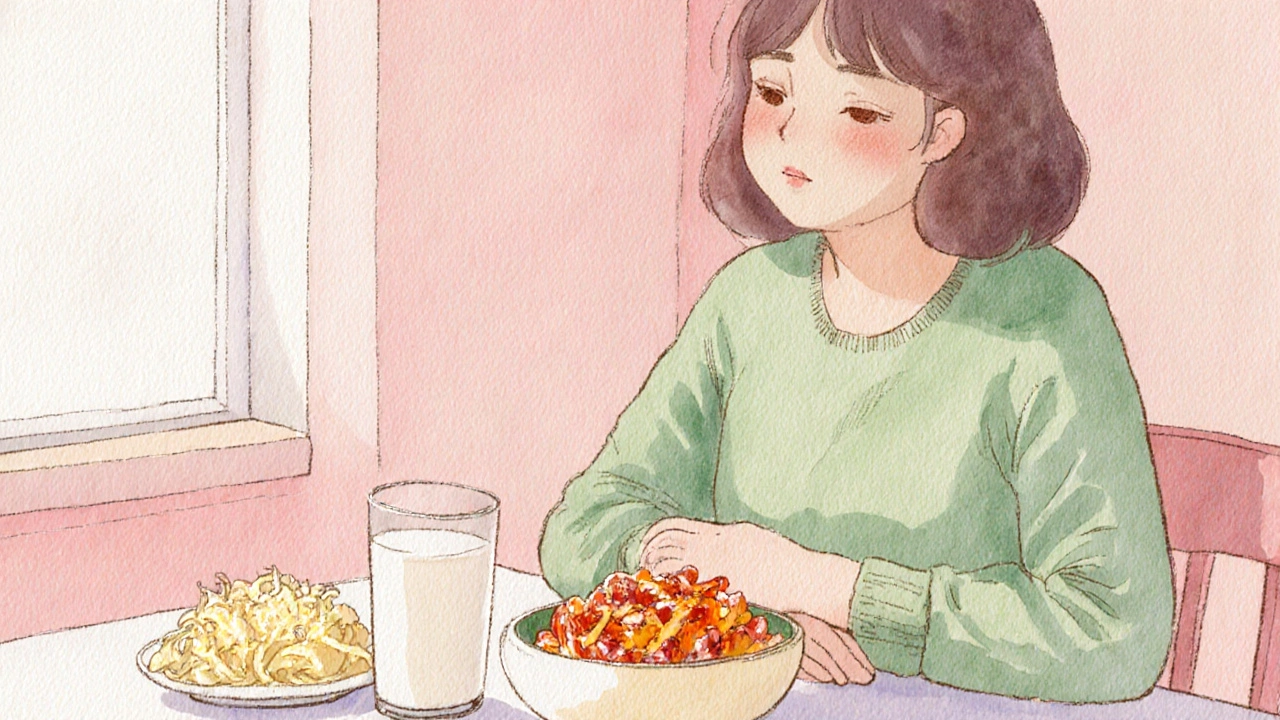 Vodařská scéna osoby pijící kefír a jídající kimchi v teplém vodorovném stylu.