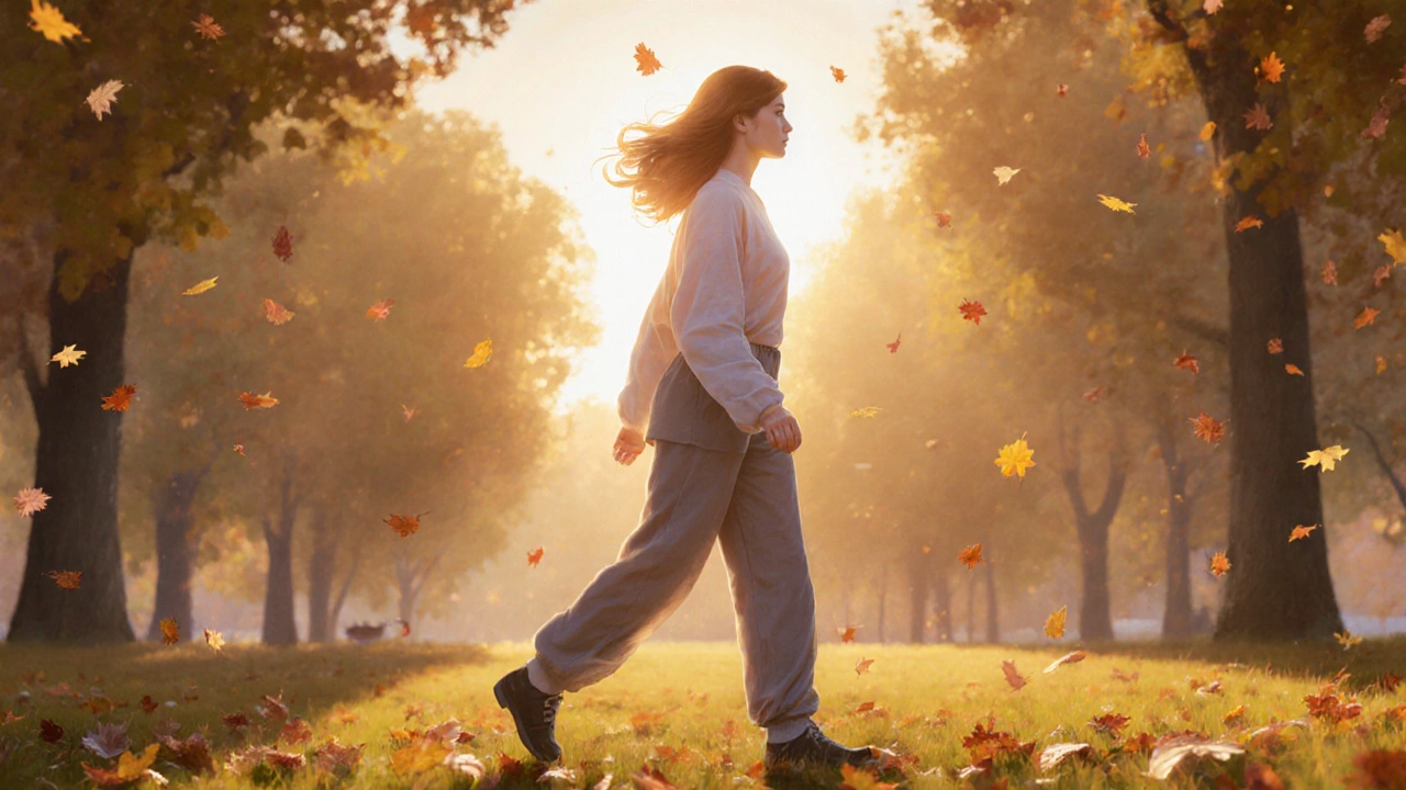 Žena se klidně prochází v parku při západu slunce, kolem ní padají listy, cítí se uvolněná a vyrovnaná.