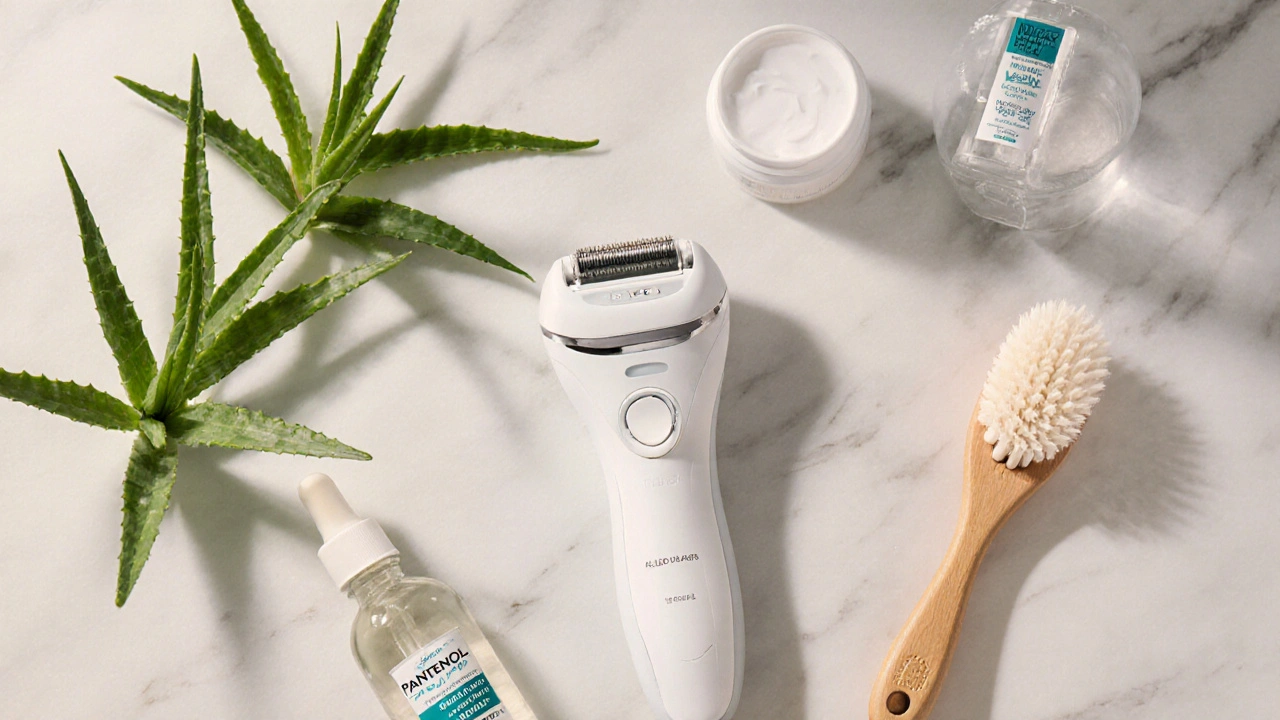 Čistý epilátor s péčovými produkty na bílém povrchu.