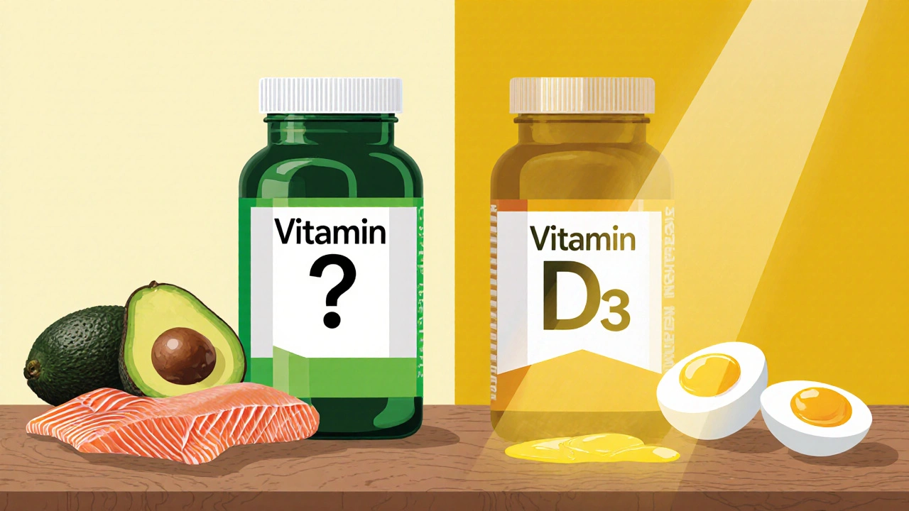 Dvě láhve doplňků vitamínu D: D2 a D3, s potravinami bohatými na tuky.