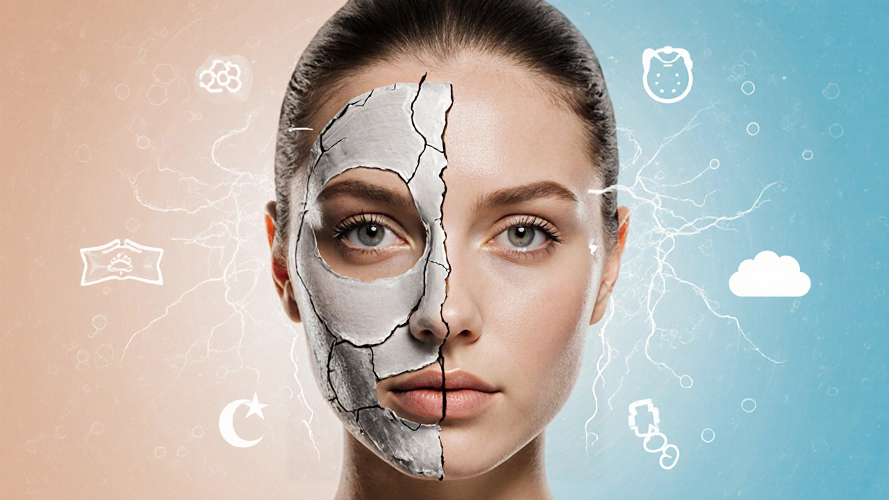 Dvě poloviny obličeje: jedna unavená a poškozená, druhá zdravá a zářivá po použití masky.