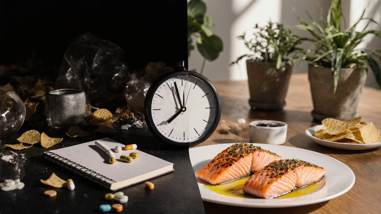 Hodiny z vitamínů vedle cigaret, ryby s olivovým olejem a klidného prostředí.