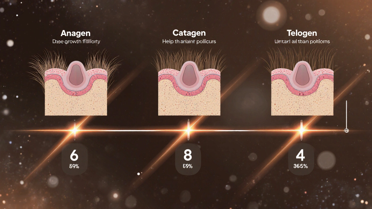 Ilustrace cyklu růstu vlasů s laserovým paprskem cíleně působícím pouze na aktivní folikuly.