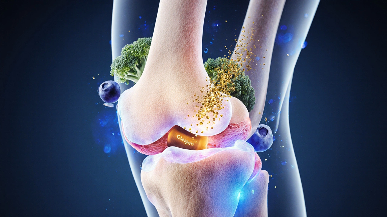 Ilustrace kolenního kloubu s regenerující chrupavkou a přírodními antioxidanty.