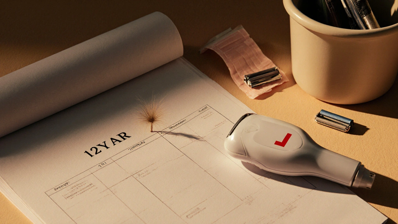 Jeden jemný chloupka na hladké pokožce vedle laserového zařízení, symbolizující roční udržovací ošetření.