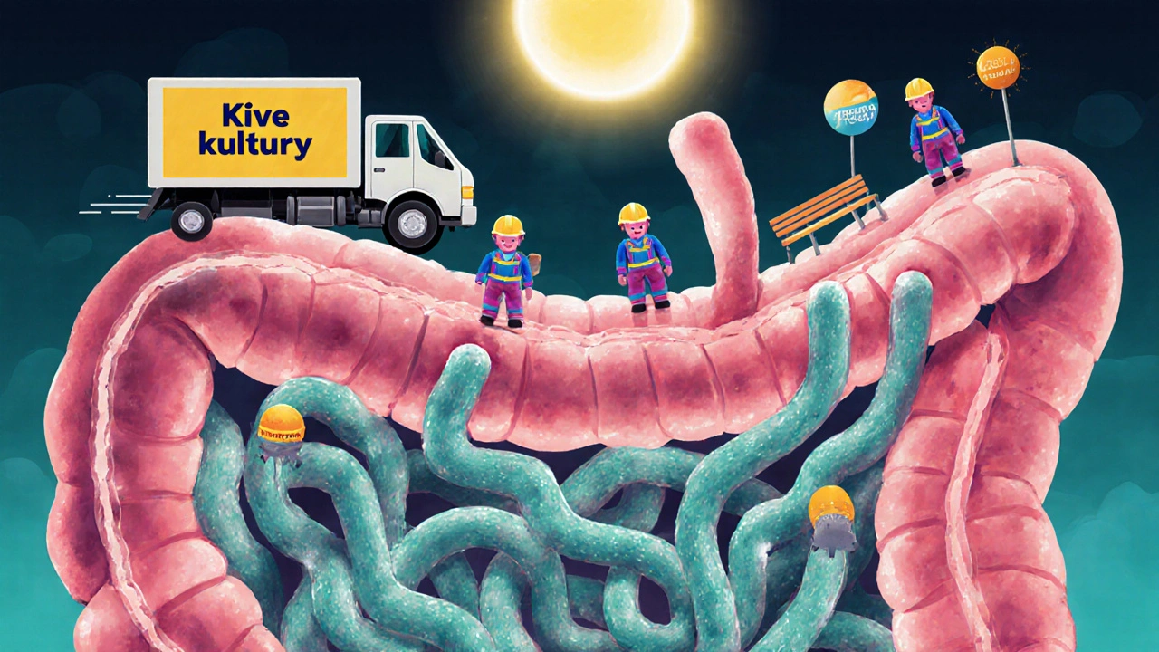 Konceptuální znázornění střev jako města, kde probiotika jsou pracovníci a prebiotika jsou potrava.