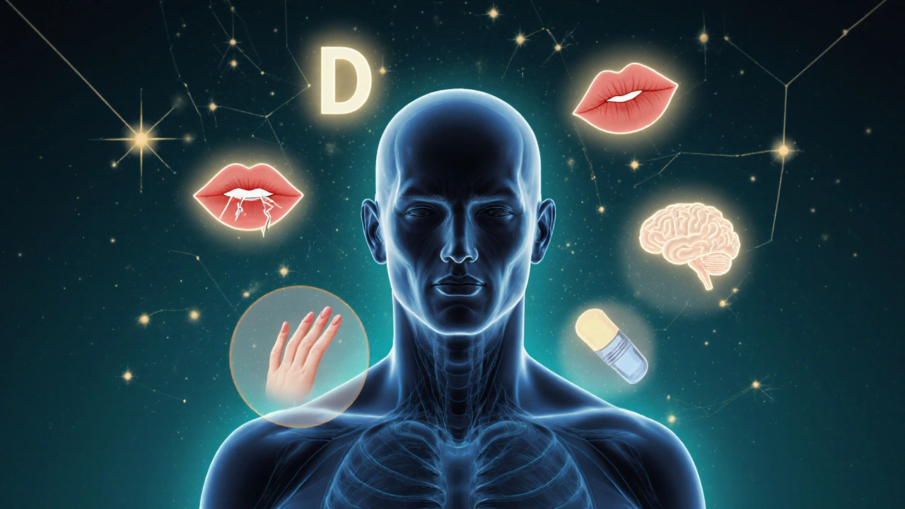 Kontur lidského těla s viditelnými příznaky nedostatku vitamínů jako světlé symboly.