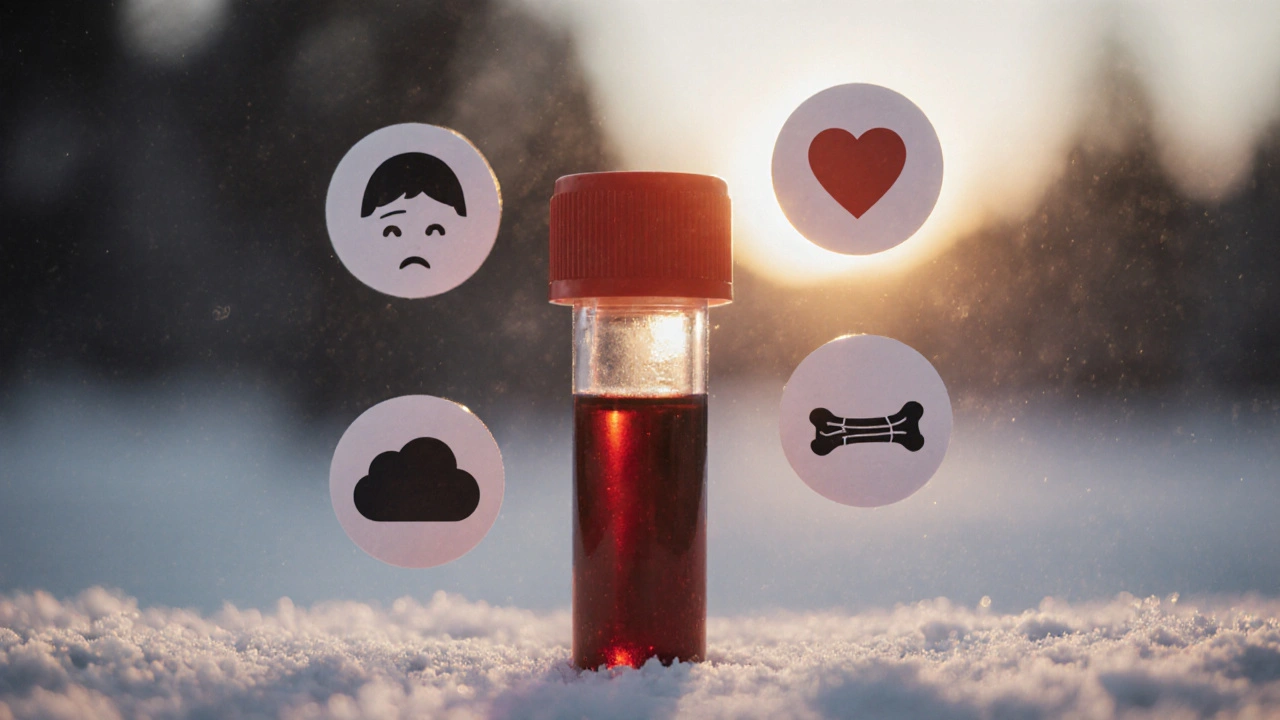 Krevní test s ikonami příznaků nedostatku vitamínu D: únavy, bolestí kloubů a náladových poruch.