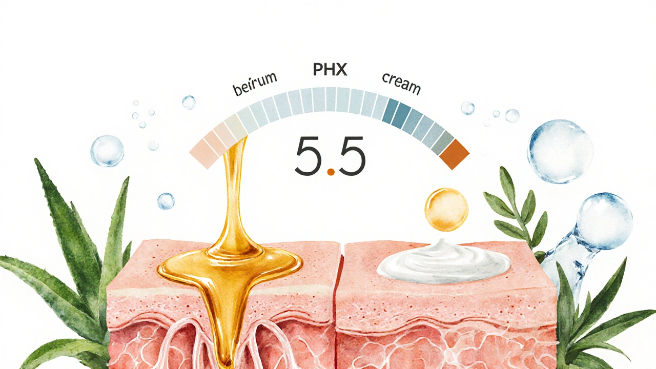Kůže jako houba vstřebává tonikum a sérum, symbolické znázornění rovnováhy pH.
