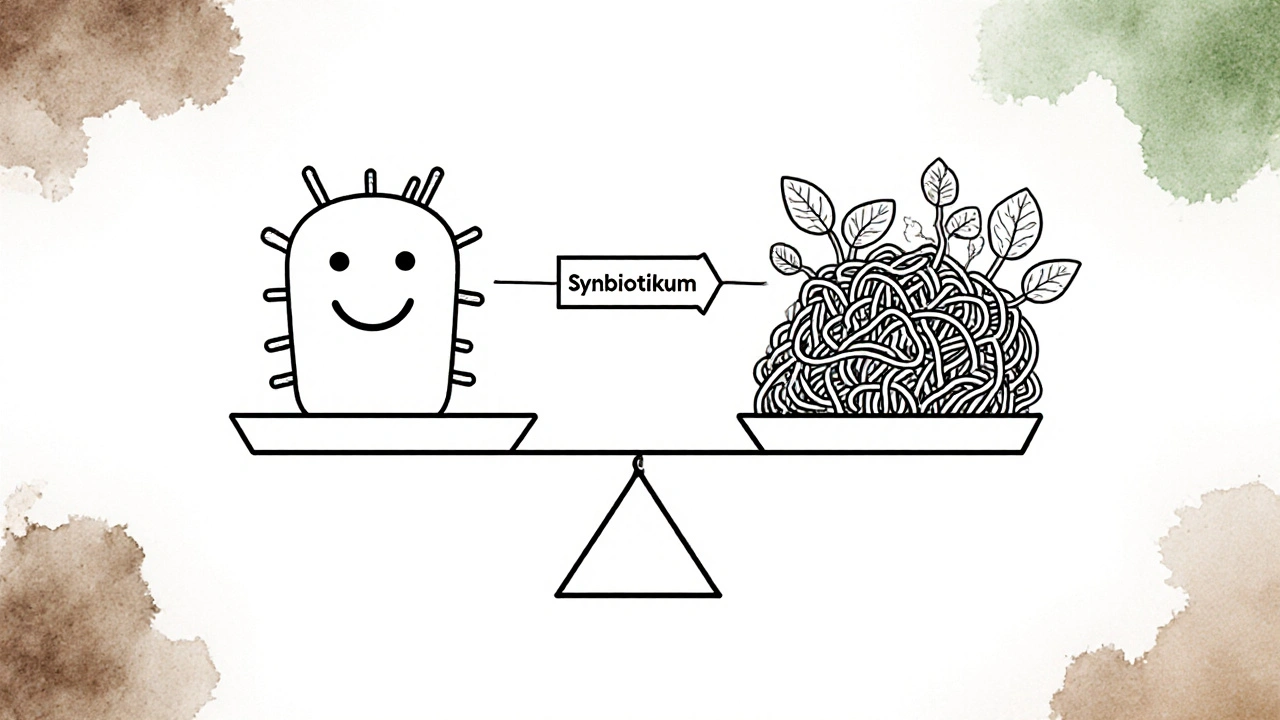 Minimální kresba rovnovážné váhy mezi probiotikem a prebiotikem s označením synbiotika.