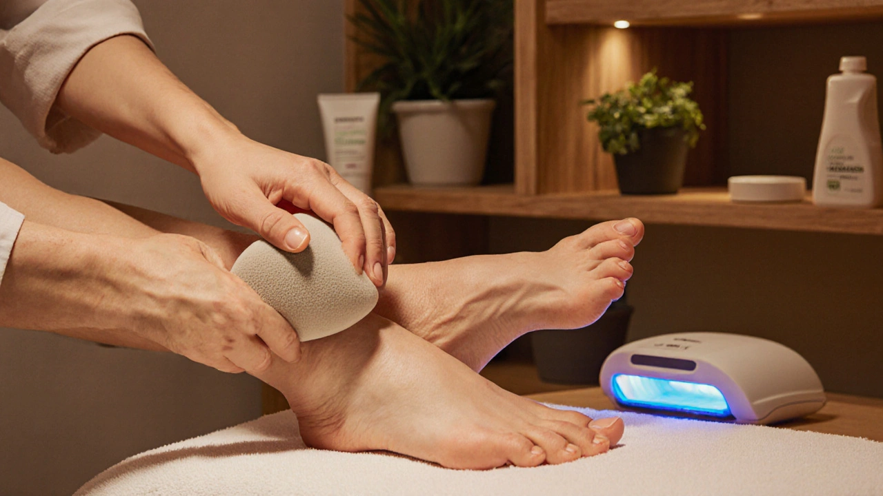 Odborník pečlivě pilí hrubou kůži na nohou v moderním kozmetickém salonu.