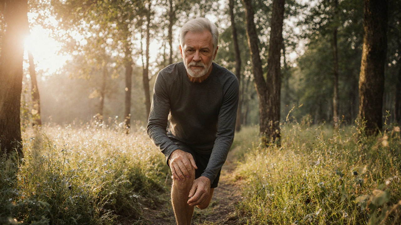 Osoba chodí klidně lesem na ranním slunci, podporující zdraví kloubů pohybem.