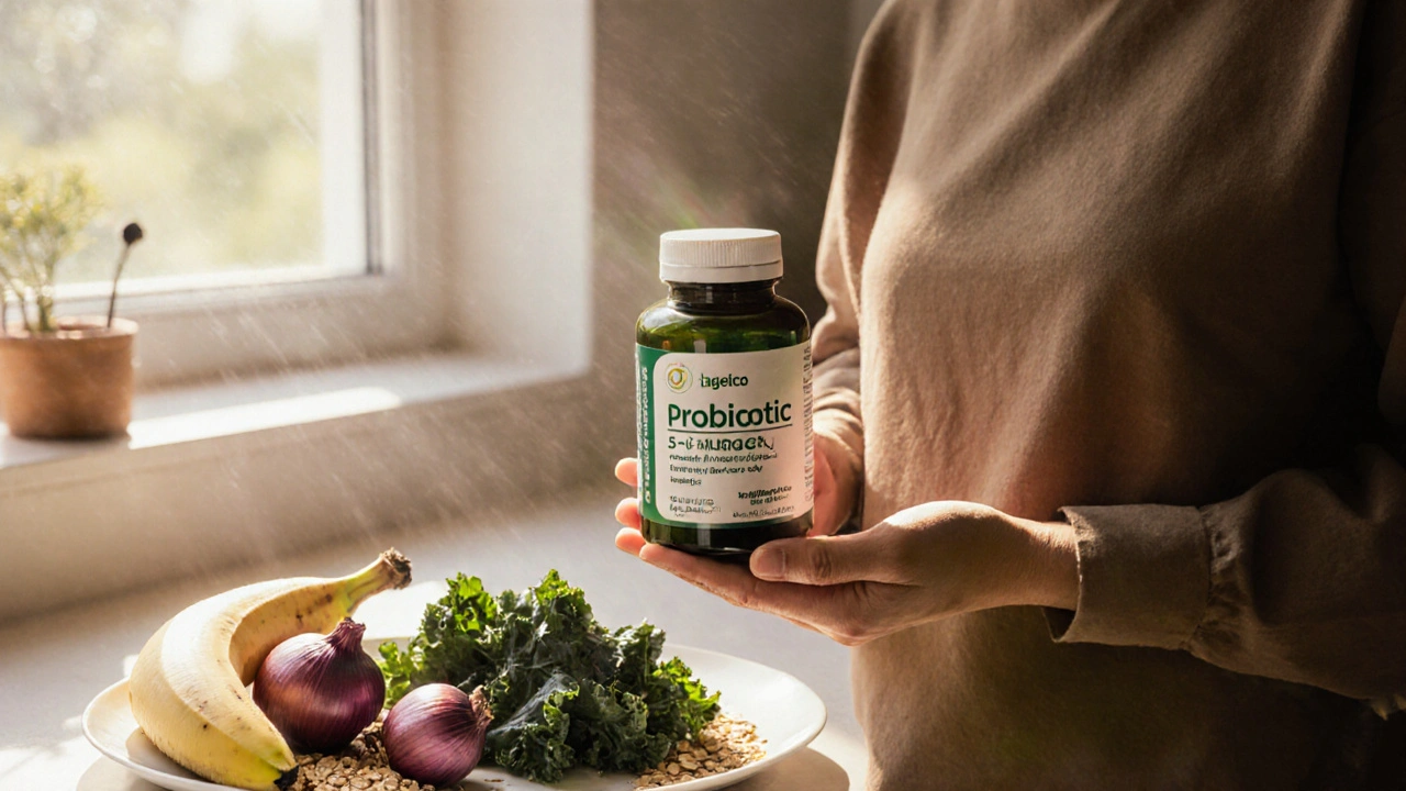 Osoba s probiotikem a prebiotickými potravinami v kuchyni