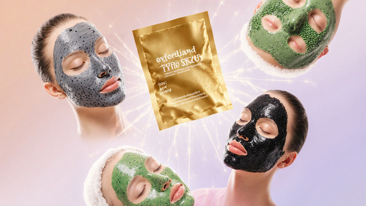 Pět různých typů mask pro pleť plavajících v jemném barevném přechodu.