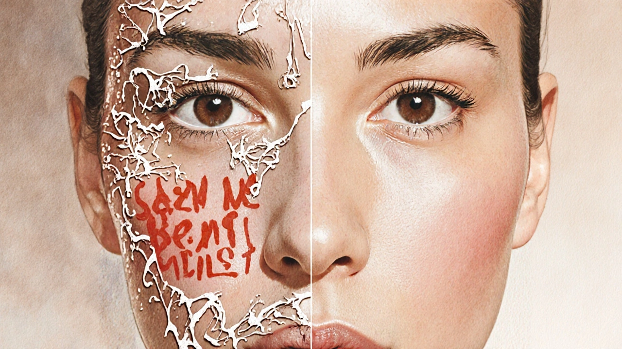 Porovnání podrážděné pokožky a hladké pokožky po 6 měsících používání retinolu.