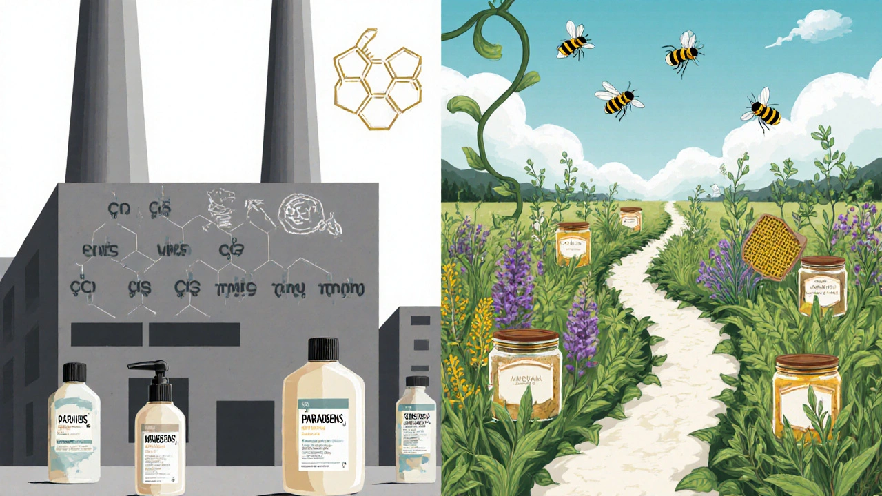 Porovnání průmyslové výroby kosmetiky a přírodních ingrediencí v zahradě s bylinami a včelami.