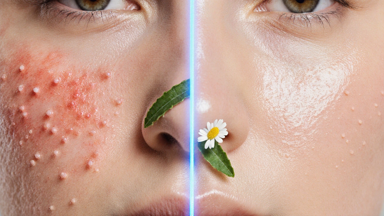 Před a po: podrážděná pokožka přechází v klidnou, hladkou pokožku po péči.