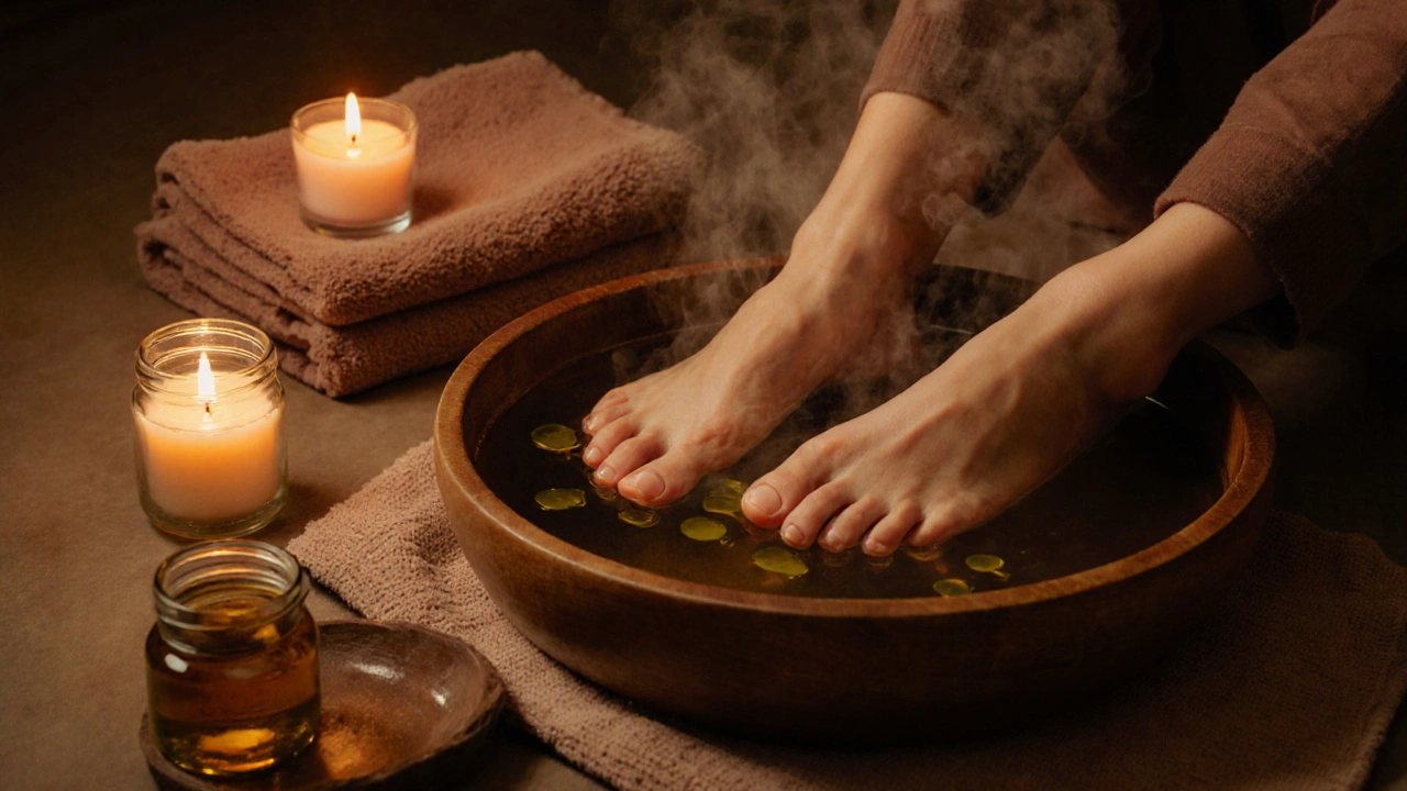 Příjemná scéna nohou v teplé koupeli s olejem, svíčkami a ručníky, klidná večerní atmosféra.