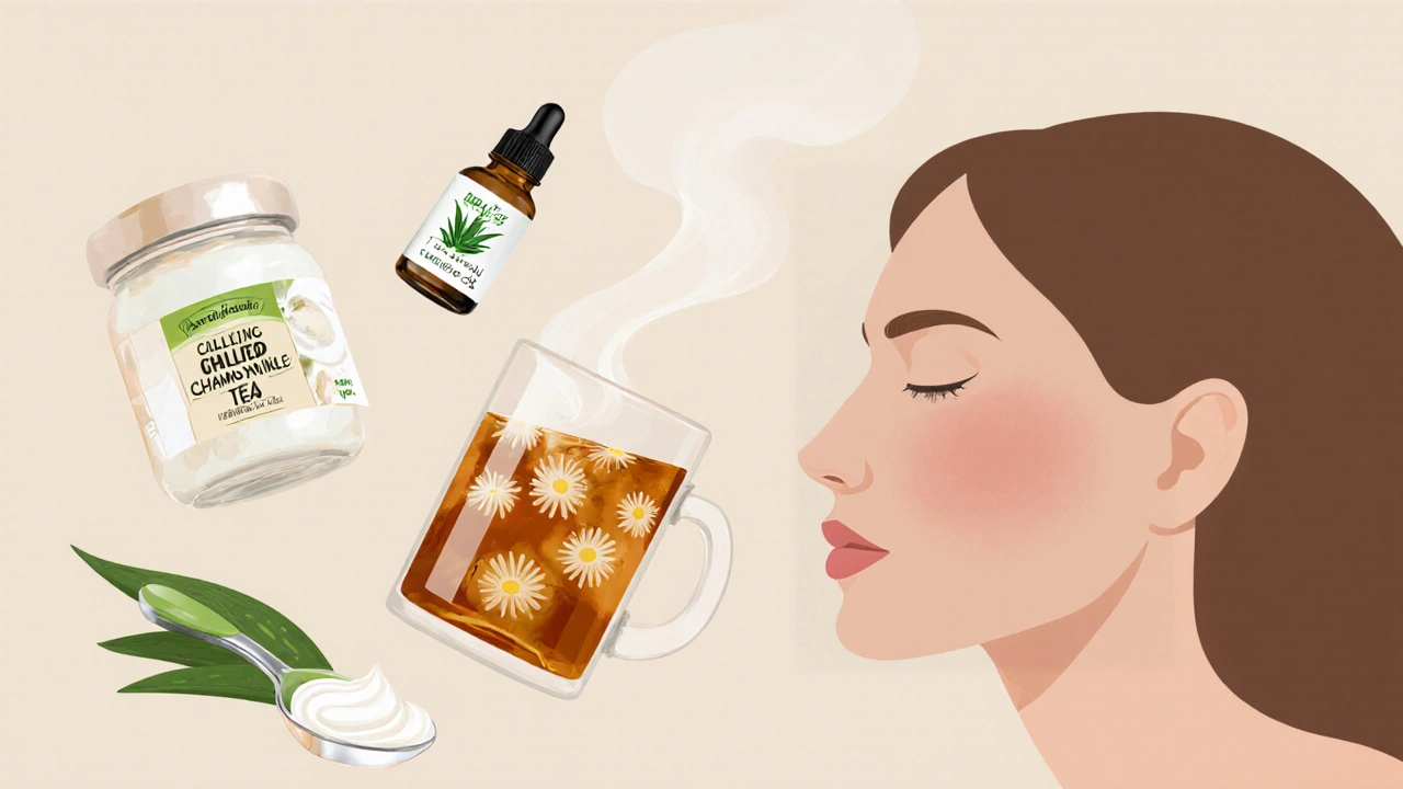 Přírodní látky uklidňující podrážděnou pokožku po depilaci: aloe vera, čaj z kamile a jogurt.