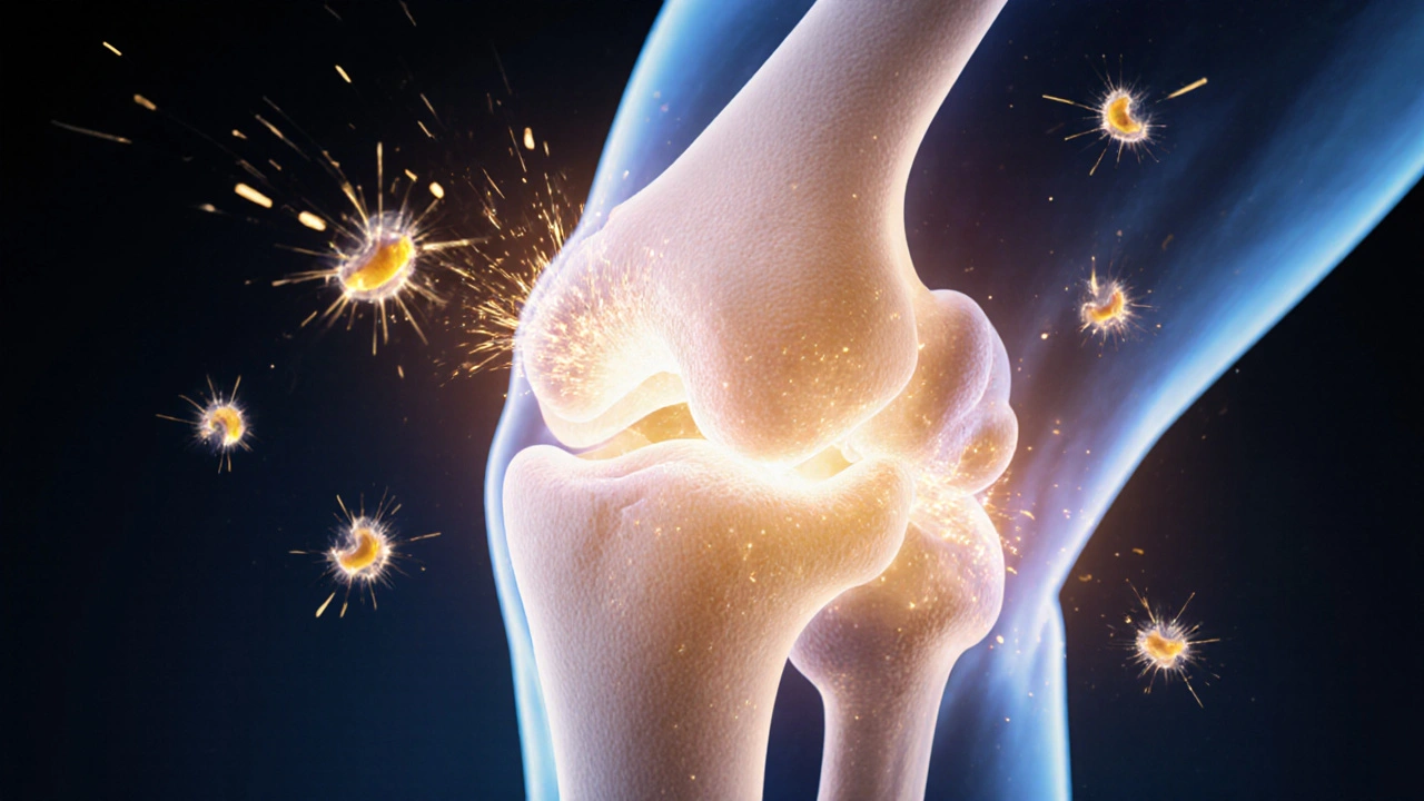 Průřez kloubu s kolagenovými peptidy a vitamínem C, které obnovují chrupavku.