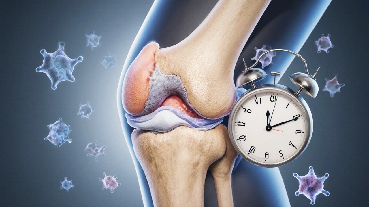 Průřez kloubu ukazující postupné tenčení chrupavky s věkem a kolagenové molekuly.