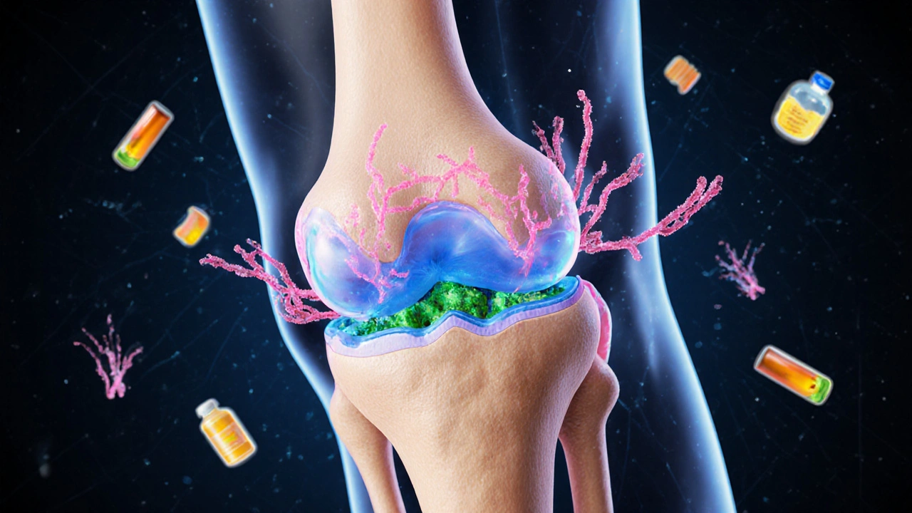 Průřez kolenního kloubu s obnovujícími látkami: kolagen, hyaluronan a omega-3.