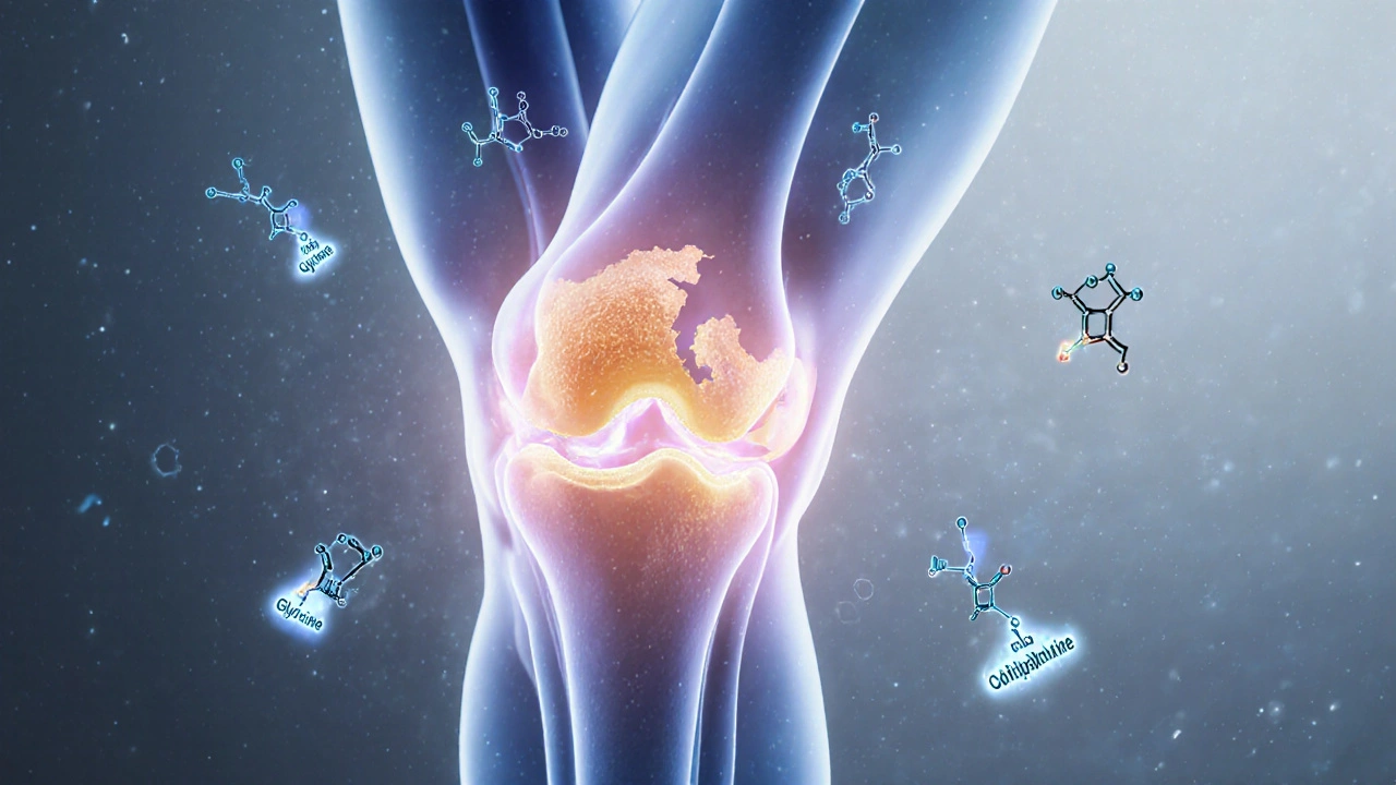 Průřez kolenního kloubu s regenerující chrupavkou a molekulami kolagenu typu II.