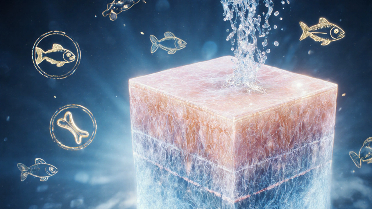 Průřez kůže s kolagenovými vlákny napájenými z rybích složek.