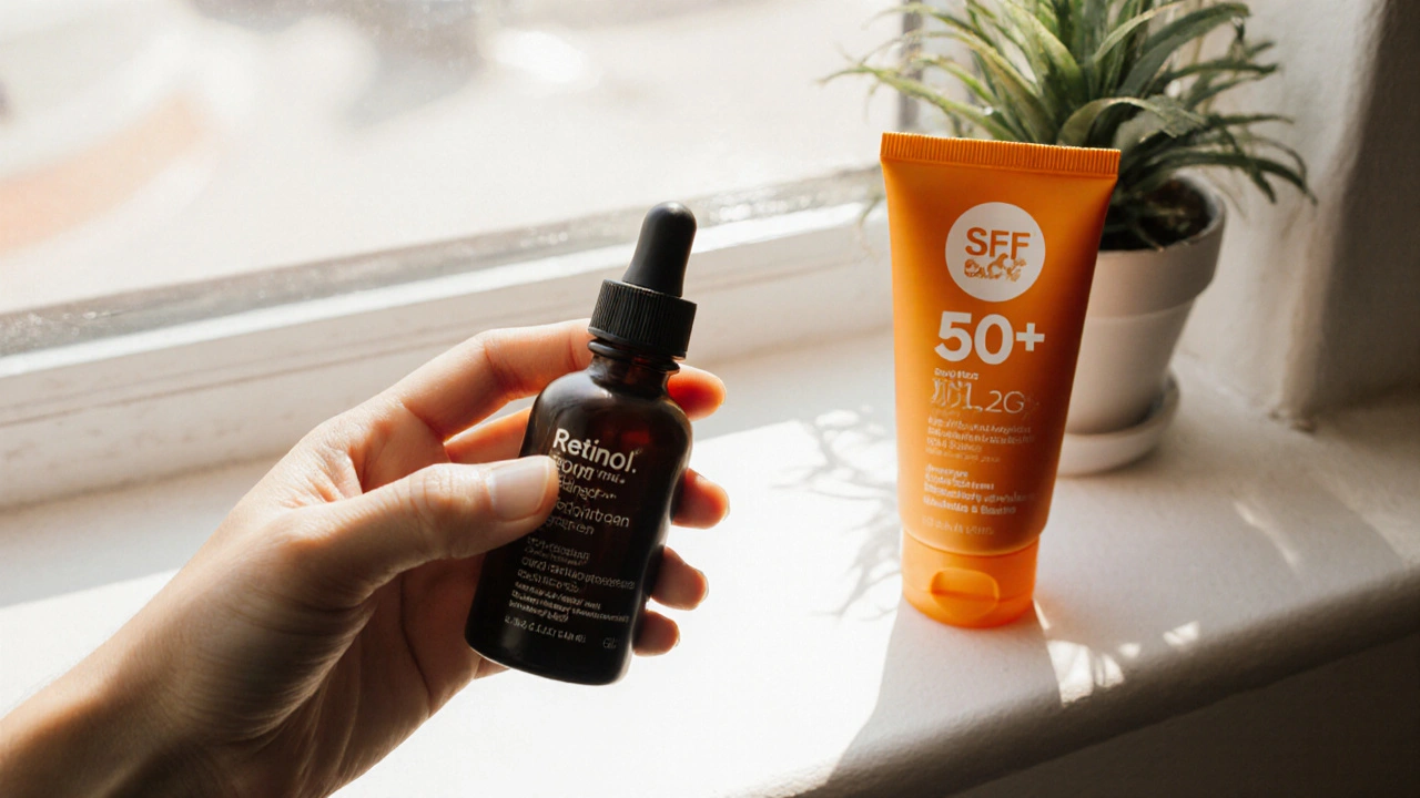 Retinol a krém s SPF na windowsill v dopoledním světle.