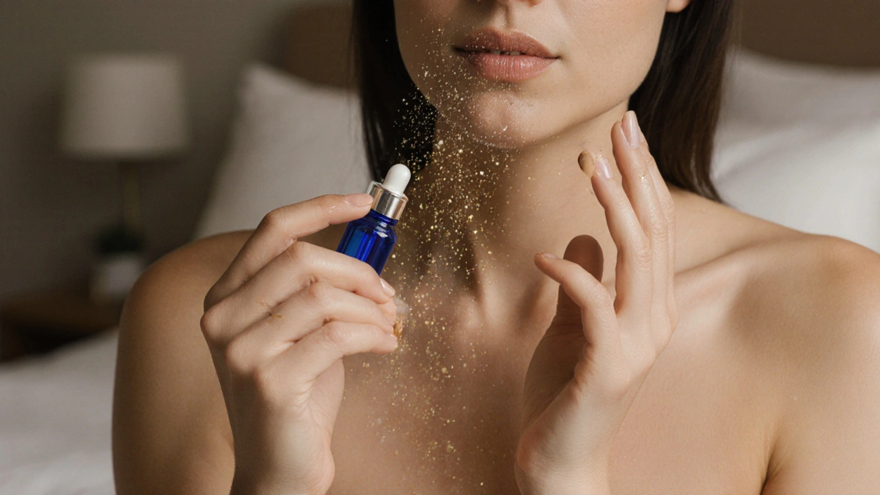 Ruce a dekolt s jemným zářivým efektem hydratace po aplikaci séra.