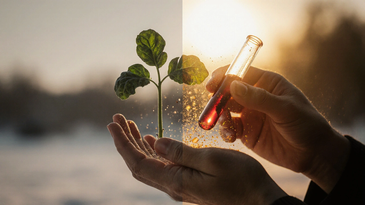 Ruce drží zeleninu a krevní test, pozadí rozděleno mezi šedou zimou a zlatým sluncem.