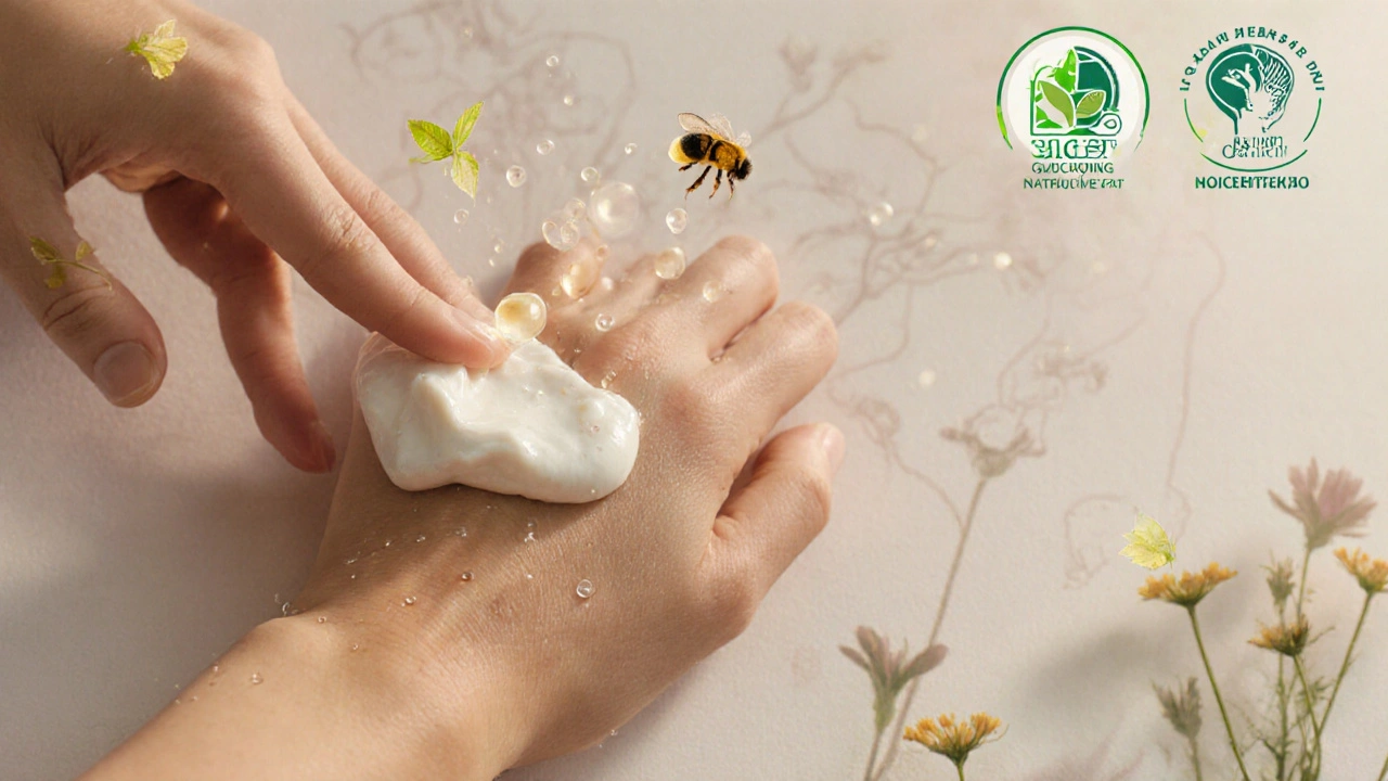 Ruka aplikuje přírodní krém na kůži, z níž vystupují jemné částice jako listy a rosničky.