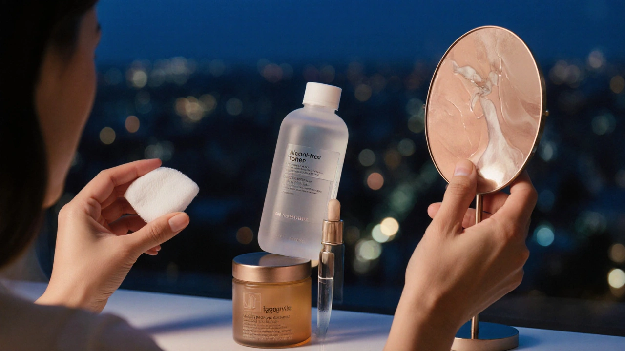 Ruka aplikuje tonikum na tvář, vedle něj láhev a sérum, jemně rozmazané městské osvětlení na pozadí.
