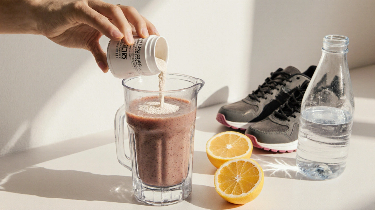 Ruka nalévá kolagen do smoothie, na pozadí pomeranče, voda a boty na chůzi.