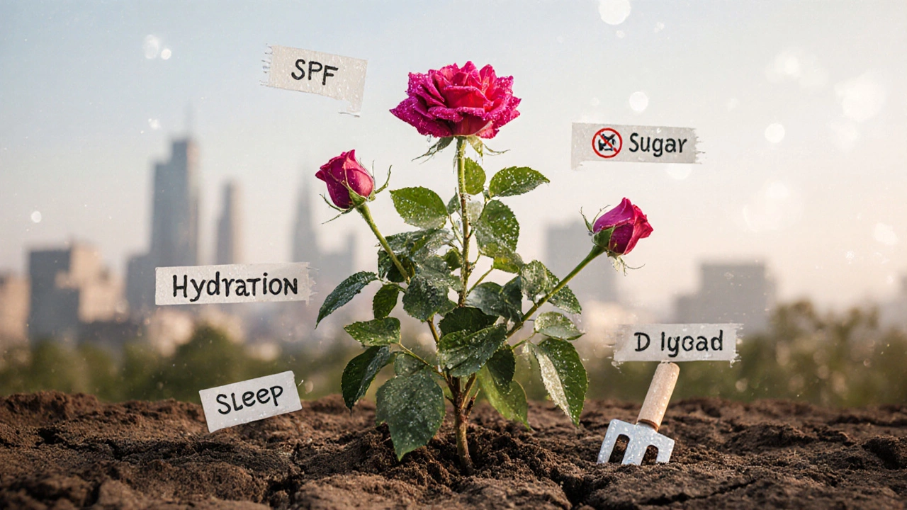 Růžový keř v zahradě symbolizuje péči o pleť, okolo něj nástroje proti stárnutí.