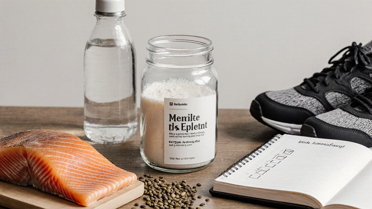 Skleněná nádoba s mořským kolagenem, losos, lněná semínka a voda na dřevěném stole.