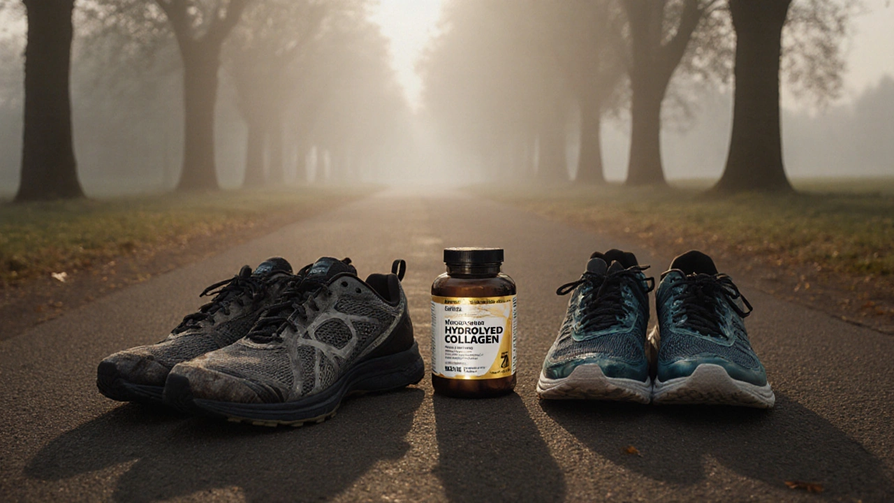 Staré a nové běžecké boty s lahvičkou kolagenu typu II mezi nimi, na pozadí parková cesta.