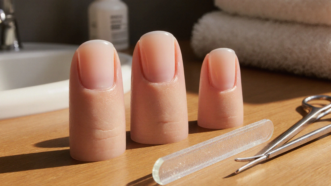Tři tvary přírodních nehtů na dřevěném stole s pilkou a krémem.